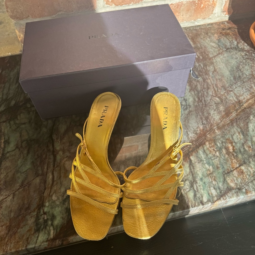 Y2K Vintage Prada Gold Strappy Kitten Heeled Sandals